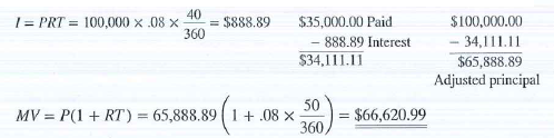 Solve the following word problems. Round answers to the nearest cent when necessary.  The Actor's Playhouse theater borrowed $100,000 at 8% ordinary interest for 90 days to purchase new stage lighting equipment. On day 40 of the loan, the theater made a partial payment of $35,000. What is the new maturity value of the loan    