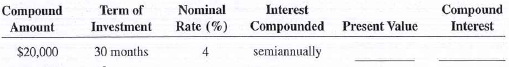 Calculate the present value (principal) and the compound interest for the following investments. Use Table 11-2, Round answers to the nearest cent.