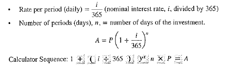 As an incentive to attract savings deposits, most financial institutions today offer daily and even continuous compounding. This means that savings, or passbook, accounts, as well as CD's, earn interest compounded each day or even more frequently, such as every hour or even every minute.(Continuous compounding, in which compounding occurs every instant, involves a different formula that is derived from the formula we've been using.) Let's take a look at daily compounding. To calculate the compound amount, A, of an investment with daily compounding, use the compound interest formula modified as follows: a. On April 19, Thomas Ash deposited $2,700 in a passbook savings account at 3.5% interest compounded daily. what is the Compound amount of his account on August 5 b. Using daily compounding, recalculate the compound amount for each of three certificates of deposit in Exercise 32.