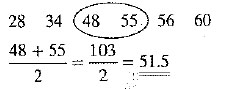 Determine the median of the following sets of values. Round to the nearest tenth when applicable. 56 34 28 60 48 55