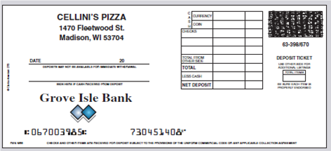 As cashier for Cellini's Pizza, it is your responsibility to make the daily deposits. Complete the deposit slip below based on the following information. a. Date: January 20, 20xx. b. Checks totaling $344.20. c. Currency of $547.00. d. Coins: 125 quarters, 67 dimes, 88 nickels, and 224 pennies.