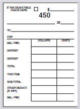 From the following information, complete the two check stubs and the check register below. a. Starting balance: $463.30. b. April 15, 20xx, check #450 issued to the Keystone Market for groceries in the amount of $67.78. c. April 17, debit card purchase of $250. d. April 19, deposit of $125.45. e. April 20, deposit of $320.00. f. April 27, check #451 in the amount of $123.10 to Ace Appliance, Inc., for refrigerator repair.