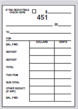 From the following information, complete the two check stubs and the check register below. a. Starting balance: $463.30. b. April 15, 20xx, check #450 issued to the Keystone Market for groceries in the amount of $67.78. c. April 17, debit card purchase of $250. d. April 19, deposit of $125.45. e. April 20, deposit of $320.00. f. April 27, check #451 in the amount of $123.10 to Ace Appliance, Inc., for refrigerator repair.