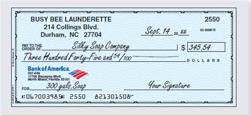 You are the owner of the Busy Bee Launderette. Using the blanks provided, write out the following checks in proper form. Check #2550, September 14, 20xx, in the amount of $345.54 to the Silky Soap Company for 300 gallons of liquid soap.