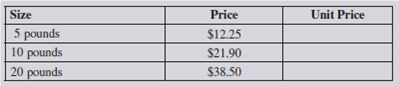 Use ratio and proportion to solve the following business situations. One special type of ratio is known as a rate. A rate is a ratio that compares two quantities that have different units, such as miles per hour, calories per serving, pounds per square inch, and price per unit. In consumer economics, expressing prices as price per unit allows us to determine the best buy when comparing various shopping choices. All else being equal, the best buy is the choice with the lowest price per unit (unit price). Donna Kelsch is comparing dry cat food brands for her cats Nicki and Nasty. If Nicki and Nasty's favorite, Funny Fish, comes in the three sizes listed below, which size is the best buy? Hint: Determine the unit price for each size. Round to the nearest cent if necessary.