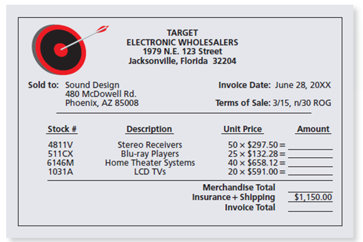 As part of the employment interview for an accounting job at Sound Design, you have been asked to answer the questions below, based on an invoice from one of Sound Design's vendors, Target Electronic Wholesalers. a. Extend each line and calculate the merchandise total and the total amount of the invoice, using the space provided on the invoice. b. What are the discount date and the net date if the shipment arrived on July 16?