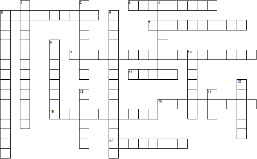 Across 3 words that help you to identify main ideas, clues to main points 5 equal 7 participation in wrong 9 lively feeling with a slight edge 11 eloquent public speaker 15 a hormone, triggered by stress 16 humiliation 17 respecting Down 1 unchanged, uncorrupted 2 little story 4 well spoken, articulate 5 systematic way of marking ideas in a textbook 6 visualization of successful actions 8 attacked 10 compelled 12 to send away 13 masked hoods worn by Afghan women 14 nonsense