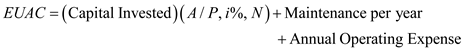 The annual operating expenses of long-haul tractors equipped with the different deflectors are calculated as a function of mileage driven per year, X. If 5% drag reduction means 2% in fuel savings per mile, the annual operating expense for different types of deflectors can be calculated as: For Windshear For Blowby For Air-Vantage Now need to form equivalent-worth equation ( EUAC ) in terms of X. At , equivalent-worth equations ( EUAC ) for different types of deflectors are: To compute the breakeven values between any two types of deflectors, equate their EUAC equations and solve for X. Windshear and Blowby : 0 It implies the Universal Postal Service will prefer Blowby if 1 . Blowby and Air-vantage : 2 Air-vantage and Windshear : 3 The tractor must be driven at least 4 and at most 5 before Wind shear is favoured over the other deflectors. Air-vantage is the best choice when 6 .
