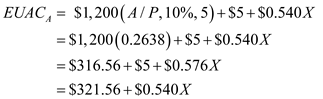The annual operating expenses of long-haul tractors equipped with the different deflectors are calculated as a function of mileage driven per year, X. If 5% drag reduction means 2% in fuel savings per mile, the annual operating expense for different types of deflectors can be calculated as: For Windshear For Blowby For Air-Vantage Now need to form equivalent-worth equation ( EUAC ) in terms of X. At , equivalent-worth equations ( EUAC ) for different types of deflectors are: To compute the breakeven values between any two types of deflectors, equate their EUAC equations and solve for X. Windshear and Blowby : 0 It implies the Universal Postal Service will prefer Blowby if 1 . Blowby and Air-vantage : 2 Air-vantage and Windshear : 3 The tractor must be driven at least 4 and at most 5 before Wind shear is favoured over the other deflectors. Air-vantage is the best choice when 6 .