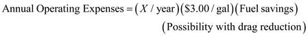 The annual operating expenses of long-haul tractors equipped with the different deflectors are calculated as a function of mileage driven per year, X. If 5% drag reduction means 2% in fuel savings per mile, the annual operating expense for different types of deflectors can be calculated as: For Windshear For Blowby For Air-Vantage Now need to form equivalent-worth equation ( EUAC ) in terms of X. At , equivalent-worth equations ( EUAC ) for different types of deflectors are: To compute the breakeven values between any two types of deflectors, equate their EUAC equations and solve for X. Windshear and Blowby : 0 It implies the Universal Postal Service will prefer Blowby if 1 . Blowby and Air-vantage : 2 Air-vantage and Windshear : 3 The tractor must be driven at least 4 and at most 5 before Wind shear is favoured over the other deflectors. Air-vantage is the best choice when 6 .