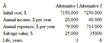 In comparing alternatives I and J by the present worth method, the value of n that must be used in 11,000( P / A , i , n ) for alternative I is: a)3 b)6 c)18 d)36   The interest rate is 15% per year.