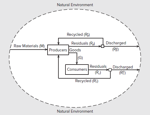 Consider the production and use of single-use, plastic shopping bags, and examine their flows along all parts of Figure 2.1. Do the same for paper shopping bags. FIGURE 2.1 The Environment and the Economy