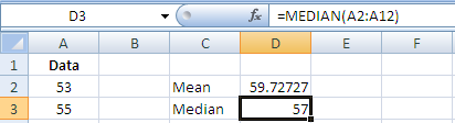 Consider the data in Excel as shown below: To calculate the mean in Excel, use function as shown below: To calculate the median in Excel, use function as shown below: Mode is that value which occurs most frequently in the given data. To calculate the mode in Excel, use function as shown below: Hence, for the given data, the respective mean, median and mode is .