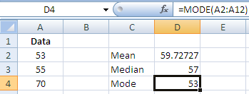 Consider the data in Excel as shown below: To calculate the mean in Excel, use function as shown below: To calculate the median in Excel, use function as shown below: Mode is that value which occurs most frequently in the given data. To calculate the mode in Excel, use function as shown below: Hence, for the given data, the respective mean, median and mode is .