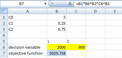 a. The optimization model can be developed as:   b.Define the decision variables and objective function as shown in the screenshot:   Define the constraint by using   function. The screenshot is shown below:   All the inputs have been done; hence click on Solve icon. A dialog box will appear. In the Target cell box, input B7, where final result of NET PRESENT VALUE will appear. Also, select the MAX option box. In the text box By Changing Cell, update the cell names where the actual numbers are to be updated. Add the constraints. The screenshot is shown below,   Now click on OK button. Click on Solve button and Solver dialogue box will appear saying that the solution has been found. The screenshot is as shown below,   If the Keep Solver Solution option button is clicked, the value of the decision variable will be updated automatically. The screenshot is as shown below,   According to the solver report, the company should use 750 units of each labour and capital.