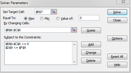 a. The optimization model can be developed as:   b.Define the decision variables and objective function as shown in the screenshot:   Define the constraint by using   function. The screenshot is shown below:   All the inputs have been done; hence click on Solve icon. A dialog box will appear. In the Target cell box, input B7, where final result of NET PRESENT VALUE will appear. Also, select the MAX option box. In the text box By Changing Cell, update the cell names where the actual numbers are to be updated. Add the constraints. The screenshot is shown below,   Now click on OK button. Click on Solve button and Solver dialogue box will appear saying that the solution has been found. The screenshot is as shown below,   If the Keep Solver Solution option button is clicked, the value of the decision variable will be updated automatically. The screenshot is as shown below,   According to the solver report, the company should use 750 units of each labour and capital.