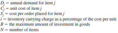 The economic order quantity (EOQ) model is a classical model used for controlling inventory and satisfying demand. Costs included in the model are holding cost per unit, ordering cost, and the cost of goods ordered. The assumptions for that model are that only a single item is considered, that the entire quantity ordered arrives at one time, that the demand for the item is constant over time, and that no shortages are allowed. Suppose we relax the first assumption and allow for multiple items that are independent except for a budget restriction. The following model describes this situation: Let   The decision variables are Q j , the amount of item j to order. The model is:   In the objective function, the first term is the annual cost of goods, the second is the annual ordering cost   and the last term is the annual inventory holding cost   a. Set up a spreadsheet model and for the following data:   b. Solve the problem using Excel Solver. ( Hint: For Solver to find a solution, you need to start with decision variable values that are greater than 0.)<div style=padding-top: 35px> 