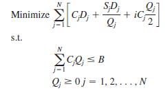 The economic order quantity (EOQ) model is a classical model used for controlling inventory and satisfying demand. Costs included in the model are holding cost per unit, ordering cost, and the cost of goods ordered. The assumptions for that model are that only a single item is considered, that the entire quantity ordered arrives at one time, that the demand for the item is constant over time, and that no shortages are allowed. Suppose we relax the first assumption and allow for multiple items that are independent except for a budget restriction. The following model describes this situation: Let   The decision variables are Q j , the amount of item j to order. The model is:   In the objective function, the first term is the annual cost of goods, the second is the annual ordering cost   and the last term is the annual inventory holding cost   a. Set up a spreadsheet model and for the following data:   b. Solve the problem using Excel Solver. ( Hint: For Solver to find a solution, you need to start with decision variable values that are greater than 0.)<div style=padding-top: 35px> 