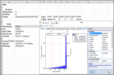 a. The procedure in Analytic Solver Platform to determine the expected net profit corresponding to an order of quantity of 3,000,000 is written below: 1. Click the Analytic Solver Platform tab in the Ribbon. 2. Select the target cell. 3. Click Parameters in the Parameters group   Select Simulation   Enter the values into Values_or_lower. 4. Click OK. 5. Click Options in the Options group   Enter the required simulation value in the box next to Simulations to Run: 6. Click OK. 7. Select the target cell for results. 8. Click Results in the simulation model group   Select Statistic and click Mean   Select the range accordingly for mean. The formulas used in Analytic Solver Platform to determine the expected net profit corresponding to an order of quantity of 3,000,000 is as shown below:   Thus, for an order quantity of $3,000,000, the expected net profit is $16,690,259. b.The formulas used in Analytic Solver Platform to determine the order quantity that maximizes expected is as shown below:   An order quantity of about 2,756,000 doses maximizes the expected profit at a value of approximately $16,983,000. There is a 60% chance of running out of flu vaccine at this order quantity. c.The results obtained for the percentiles are as shown below:   As shown in the above figure, the 75 th percentile of demand is 3,472,000. Therefore an order quantity of 3,472,000 doses confirms only a 25% chance of successively out of flu vaccine. Re-running the simulation with this order amount results in a predictable profit of $14,410,000. Thus, OuRx will be trailing down $2,573,000 in expected profit if it decides to attain a 75% service level rather than making the most of expected profit.