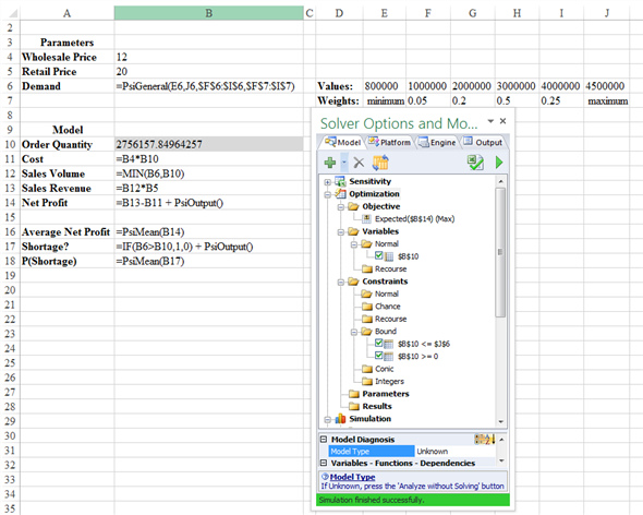 a. The procedure in Analytic Solver Platform to determine the expected net profit corresponding to an order of quantity of 3,000,000 is written below: 1. Click the Analytic Solver Platform tab in the Ribbon. 2. Select the target cell. 3. Click Parameters in the Parameters group   Select Simulation   Enter the values into Values_or_lower. 4. Click OK. 5. Click Options in the Options group   Enter the required simulation value in the box next to Simulations to Run: 6. Click OK. 7. Select the target cell for results. 8. Click Results in the simulation model group   Select Statistic and click Mean   Select the range accordingly for mean. The formulas used in Analytic Solver Platform to determine the expected net profit corresponding to an order of quantity of 3,000,000 is as shown below:   Thus, for an order quantity of $3,000,000, the expected net profit is $16,690,259. b.The formulas used in Analytic Solver Platform to determine the order quantity that maximizes expected is as shown below:   An order quantity of about 2,756,000 doses maximizes the expected profit at a value of approximately $16,983,000. There is a 60% chance of running out of flu vaccine at this order quantity. c.The results obtained for the percentiles are as shown below:   As shown in the above figure, the 75 th percentile of demand is 3,472,000. Therefore an order quantity of 3,472,000 doses confirms only a 25% chance of successively out of flu vaccine. Re-running the simulation with this order amount results in a predictable profit of $14,410,000. Thus, OuRx will be trailing down $2,573,000 in expected profit if it decides to attain a 75% service level rather than making the most of expected profit.