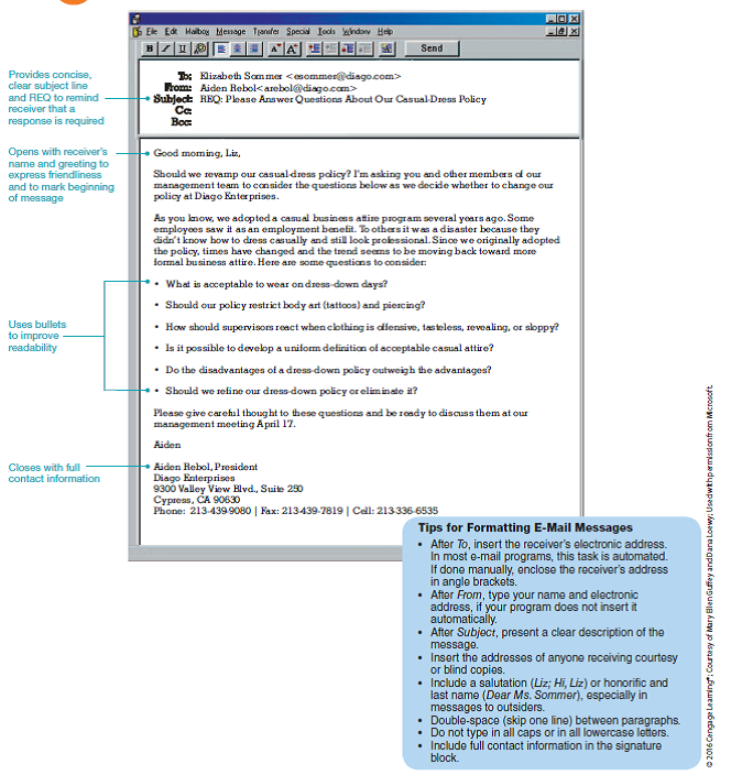 Casual dress in professional offices has been coming under attack. Your boss, Elizabeth Sommer, received the e-mail shown in Figure 5.1. She thinks it would be a good assignment for her group of management trainees to help her respond to that message. She asks your team to research answers to the first five questions in President Aiden Rebol's message. She doesn't expect you to answer the final question, but any information you can supply to the first questions would help her shape a response. Diago Enterprises, LLC, is a public CPA firm with a staff of 90 CPAs, bookkeepers, managers, and support personnel. Located in Cypress, California, the plush offices on Valley View Boulevard overlook Oak Knoll Park. The firm performs general accounting and audit services as well as tax planning and preparation. Accountants visit clients in the field and also entertain them in the downtown office. Your Task. Decide whether the entire team will research each question in Figure 5.1 or whether individual team members will be assigned certain questions. Collect information, discuss it, and reach consensus on what you will report to Ms. Sommer. As a team write a concise one-page response. Your goal is to inform, not persuade. Remember that you represent management, not students or employees.