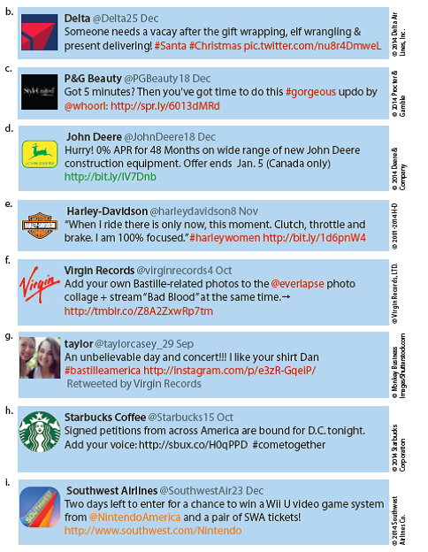 As you have learned in this chapter, the time-tried AIDA sales technique is alive and well even in 140-character Twitter messages. Of course, we can't expect to find all four parts in a single tweet. Your Task. Study the following tweets and describe the persuasive techniques they employ. Hint: You may find that Twitter users rely on attention getters, calls for action, emotional appeals, incentives, and testimonials. They may also create urgency to stoke readers' interest. Chat about your findings in class or on your favorite course management platform. Your instructor may ask you to collect your own examples of persuasive tweets or other social media posts and discuss their frequency as well as effectiveness. After you have collected a sample large enough to allow you to generalize, compose an e-mail or post about your observations.