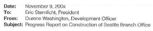 The following progress report has faults in grammar, punctuation, spelling, number form, wordiness, and word use. Use standard proofreading marks (see Appendix B) to correct the errors. When you finish, your instructor can show you the revised version of this report. Construction of Apex Realtys Portland Branch Office has entered Phase three. Although we are 1 week behind the contractors original schedule the building should be already for occupancie on March 10. Past Progress Phaze one involved development of the architects plans, this process was completed on June 5. Phaze two involved submission of the plan's for county building department approval. Each of the plans were then given to the following 2 contractors for the purpose of eliciting estimates, Steven Duffy Construction, and Titan Builders. The lowest bidder was Steven Duffy Construction, consequently this firm began construction on July 15. Present Status Phase three includes initial construction processes. We have completed the following steps as of November 9: • Demolition of existing building at 11485 North 27 Avenue • Excavation of foundation footings for the building and for the surrounding wall • Steel reinforcing rods installed in building pad and wall • Pouring of concrete foundation Steven Duffy Construction indicated that he was 1 week behind schedule for these reasons. The building inspectors required more steel reinforcement then was showed on the architects blueprints. In addition excavation of the footings required more time then the contractor anticipated because the 18 inch footings were all below grade. Future Schedule In spite of the fact that we lost time in Phase 3 we are substantially on target for the completion of this office building by March 1. Phase 4 include the following activities, framing drywalling and installation of plumbing.