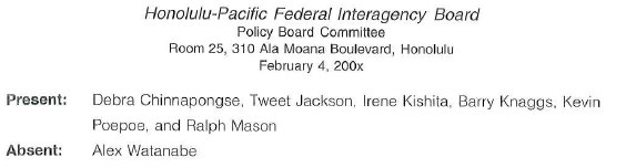 The following report of meeting minutes has faults in grammar, punctuation, spelling, number form, wordiness, and word use. Use standard proofreading marks (see Appendix B) to correct the errors. When you finish, your instructor can show you the revised version of this summary. The meeting was call to order by Chair Kevin Poepo at 9:02 a.m. in the morning. Minutes from the January 6th meeting was read and approve. Old Business Debra Chinnapongse discussed the cost of the annual awards luncheon. That honors outstanding employees, The ticket price ticket does not cover all the expenses incured. Major expenses include: awards, leis, and complementary lunches for the judges, VIP guests and volunteers. Honolulu-Pacific Federal Interagency Board can not continue to make up the difference between income from tickets and costs for the luncheon. Ms. Chinnapongse reported that it had come to her attention that other interagency boards relied on members contributions for their awards' programs. MOTION: To send a Letter to board members asking for there contributions to support the annual awards luncheon, (Chinapongse/Kishita). PASSED 6-0. Reports Barry Knaggs reported that the homeland defense committee sponsored a get acquainted meeting in November. More than eighty people from various agencys attended. The Outreach Committee reports that they have been asked to assist the Partnership for Public Service, a non profit main land organization in establishing a speakers bureau of Hawaiian Federal employees. It would be available to speak at schools and colleges about Federal jobs and employment. New Business The chair announced a Planning Meeting to be held in March regarding revising the emergency dismissal plan. In other New Business Ralph Mason reported that the staff had purchased fifty tickets for members, and our committees to attend the Zig Ziglar seminar in the month of March. Next Meeting The next meeting of the Policy Boare Committee will be held in early AprI at the Fleet and Industrial Supply Center, Pearl harbor. At that time the meeting will include a tour of the Red Hill under ground fuel storage facility. The meeting adjourned at 10:25 am by Keven Poepoe. Respectfully submitted,