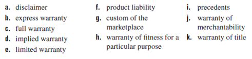 Match each of the numbered definitions with the correct term in the list below. Write the letter of your choice in the answer column.     An implied warranty that the seller actually owns the goods sold.?______