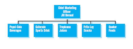 Redesigning PepsiCo  Assume that you are asked to assist in the redesign of the organization structure at PepsiCo. Assume also that PepsiCo has the structure drawn below for its major products. PepsiCo Chairwoman and CEO Indra Nooyi presents one reason she would like to see a new organization structure: We have some of the world's strongest brands and some of the world's greatest marketers, but never have we integrated our marketing efforts in a holistic, global and disciplined fashion across the PepsiCo enterprise. We want to integrate our brand marketing efforts and stay ahead of macro consumer trends with a deeper level of sophistication.  In creating your revised organization structure you will be working closely with Jill Beraud, the Global Chief Marketing Officer at PepsiCo. Her goal is to build PepsiCo's food and beverage brands on an international scale and integrate the company's entire marketing efforts.  Draw a revised organization structure that will help PepsiCo attain the marketing integration it seeks.   