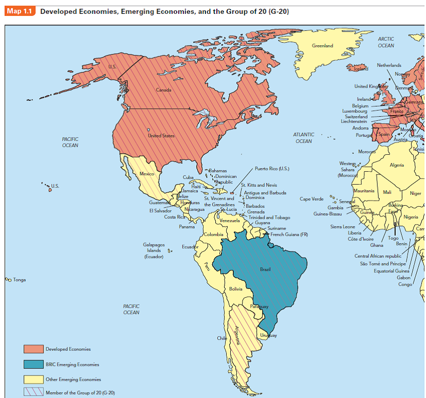 Identify a developed country on PengAtlas Map 1.1, and explain why it may be the location of offshoring from a firm in an emerging economy.