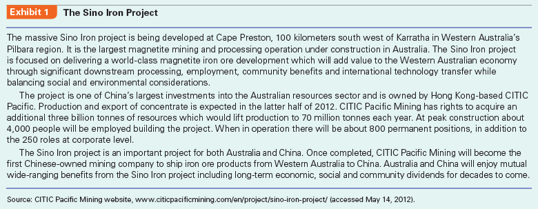 Confronting significant liabilities of foreignness, the Sino Iron project in Australia experienced a great deal of delays and cost overruns. What could the management team do to better engage stakeholders in the host country The Sino Iron Project In January 2010, Hua Dongyi rushed to assume his duty as Chairman of Sino Iron Pty Ltd. (Australia) in Perth, the capital and largest city in Western Australia. The parent company of Sino Iron, China International Trust and Investment Corporation (CITIC), just transferred him from CITIC Construction Co., a subsidiary focused on infrastructural projects in Africa and Asia, to Sino Iron in Australia. The massive Sino Iron project was the largest magnetite mining and processing operation under construction in Australia, and was one of China's largest investments into the Australian resources sector (see Exhibits 1, 2, 3, and 4). Hua had an urgent meeting with his management team. Sino Iron faced tremendous challenges: Spotting the high potential demand for iron ores in China, CITIC had purchased the mining license of Australian magnetite iron ores, and started the project in 2007. After investing A$1.6 billion, the project had suffered significant delays and cost overruns, pushing back the planned date of operation from the first half of 2009 to early 2011, and now even that date was not realistic.2 The challenge for Hua and his team was to push the project forward and launch operations soon. The global price of iron ores changed dramatically. In 2010, negotiations broke down between China Steel Association and the world's three biggest mining companies- BHP Billiton, Rio Tinto, and Vale of Brazil. Some Chinese steel companies had to accept a nearly 100% price increase of iron ore imports from these three mining giants and quarterly price adjustments. After the recent price hike, a correction could be due any time and price could fall drastically later, which would be bad timing for Sino Iron if production was further delayed. Furthermore, magnetite iron ores due to their nature had a 40% higher production cost than other premium resources mainly under the control of BHP Billiton and Rio Tinto, which never allowed joint investment with Chinese companies. This could put Sino Iron in a very disadvantaged position if it found price dropping after its mine started operating. Sino Iron's CEO Barry Fitzgerald was a local guy with 30 years of experience in iron ore operations. While he reported to Hua, he was not responsible for the delay and cost overruns. The main reason was the unexpectedly long time of approval procedures from the government. Delay meant higher labor costs-the cost of prospecting would increase another US$350 million from the original plan of US$3.5 billion. However, Hua did not trust the local managers very well, because they were still leaving work every day on regular time, taking vacations, and expecting the bonus at the end of the year. Sometimes engineers were in the middle of processing concretes and as soon as it was time to go home, they would leave work without worrying whether it would cause problems. When there were problems, they would try to blame each other, and the sense of belonging and loyalty typical in Chinese firms was nowhere to be found here. At the end of 2009, during the wave of acquisitions in Australia by Chinese steel companies, the Australian people's resistance and hostility to Chinese companies increased suddenly. Once, an Australian employee blurted out that after all, this was all the Chinese government's money so why should he care. Hua got upset: Our parent company, CITIC Pacific, is a public company in Hong Kong. The Chinese government is only one of many shareholders, and there are also other investors. I represent all the investors! In order to control the progress of the project, Hua had to have some capable Chinese managers working for him. From the end of 2009 to January 2010, four of his old subordinates from CITIC Construction came to his rescue in Perth. However, Hua and his management team still faced significant challenges in dealing with different stakeholders in Australia (Exhibit 5). Government Relationship In recent years, many Chinese companies began to invest in Australian mines. For example, Yanzhou Coal Enterprise acquired Australia Felix. Sichuan Hanlong invested US$200 million into a Molybdenum mine in Australia. Chongqing Iron Steel Group acquired the Asian Iron and Steel holding company, which was in control of Australian iron ore in Istanbul Xin. China Minmetals Corporation acquired some assets of Australia OZ Minerals for US$1.34 billion. Overall, the Australian government has been open to these acquisitions. Yet it has also been on the alert to the acquirers that mostly have a government background, concerned that these companies may try to reduce taxes to the Australian government through internal transfer pricing, diminish local employment opportunities, and affect the local environment. Thus, the Australian government has tightened regulations. For example, the Australian Foreign Investment Review Board (FIRB) required China Nonferrous Metal Mining Group to reduce its stake during its acquisition of Lynas, which led to the failure of the acquisition. China Alumni Corporation's acquisition of Rio Tinto also failed due to the extended review of FIRB, which led to the opposition of other stakeholders. At the same time, since Australia's premium iron ore resources are mainly under the control of BHP Billiton and Rio Tinto, Chinese companies, as late comers, can only invest in those magnetite iron ores that have a 40% higher production cost. For example, Australia's third largest iron ore producer, FMG, never agreed to joint investment with Chinese companies, thinking it was not worthwhile to give the foreign side shares. But FMG would seek Chinese shares in magnetite iron ore projects. The reason that CITIC and Chongqing Iron Steel Group's acquisitions received the approval from FIRB and that they were able to acquire 100% of the shares was exactly due to the fact that the production cost and risk of magnetite iron ores were too high. Local Australian firms did not want to touch these high-risk projects. Hua Dongyi's interactions with the Australian government were forceful but did not have much effect. In Africa, CITIC can leverage its state ownership background and obtain much support from the local government with a lot of preferential treatment. However, in Australia, the state ownership background of CITIC has not brought any benefits in interactions with the Australian government. On the contrary, state-owned enterprises (SOEs) and their subsidiaries can easily be regarded as agents of foreign governments and may be viewed as threats to national security. On May 2, 2010, the Australian government announced that it would exact a 40% Resource Super Profits Tax (RSPT) on mining firms starting in July 2012, in order to pay for the increasingly higher cost of infrastructure investment and pensions. The new tax encouraged more exploration and mergers and acquisitions (M As) within policy constraints. Sino Iron could gain some competitive advantage over BHP Billiton and Rio Tinto for the resource tax, because the new tax would allow companies to deduct the book value of inventory assets during the first five years of the new tax. Labor and Contractor Relationship The Sino Iron project is located in the northwestern corner of Australia, occupying an area of 25 square kilometers (Exhibit 2). Looking from the airplane, it is an area of flat brown earth with few trees and not many people. The mine is 100 kilometers from the closest town Karratha, and a one-night stay in a motel there is even more expensive than a five-star hotel in Sydney. The only function of the town is to provide a point of transit for the nearby mine workers to go from and back to Perth. A prosperous mining industry led to high demand for labor, and the result is that a mine worker in Western Australia typically has an annual salary of over A$100,000, approximately the level of Australian university professors and twice the average income of Australians. A regular excavator driver can make A$160,000. Even a cleaner in the mining area can make A$80,000. Depending on the type of work, some workers can rest a week out of every three weeks, and some every two weeks. The company pays for their airfare if they go back home during vacation. Furthermore, due to the high demand from China and the start-up of many large resource projects, competition for labor has increased with many mine workers threatening to switch companies if denied a raise. Sino Iron and its engineering contractor China Metallurgical Group used to assume that they could transport a large batch of capable (and low-cost) workers from China and rapidly move the project along. However, worker visas became a serious problem. Despite the lobbying of both the companies and the Chinese government, only several hundred visas were issued. Yet, the Australian government required all workers to pass a certification in English, which almost made it impossible for all the workers ready to come. If our workers can score a 7 in IELTS (International English Language Testing System), they would not be coming here, Hua Dongyi sighed helplessly. Not only did the Chinese mine workers fail to come, the chefs that CITIC found to cater to the Chinese tastes of their managers could not get visas either. We have found three chefs successfully, and none of them can get a visa. Now the Chinese managers could only cook for themselves after work in the apartments that they rented. In order to save labor costs, the project used the world's biggest and most powerful rod mill, the world's largest wheel loader, and the world's largest excavator- with a price tag of US$19 million and a capacity of 1000 tonnes each time. This also promoted the development of China's domestic equipment industry. For example, CITIC Pacific's sister company CITIC Heavy Industries developed a large-scale mining rod mill, which could increase mining abilities by 40% and reduce resource consumption by 20%. Such equipment thus could fully utilize low-grade iron ores and increase the mining efficiency greatly. Community Relations Even though Australia is a developed country, this area is the countryside. In many ways it is not even as good as Africa. This was Hua Dongyi's first impression after arriving at the project site. CITIC Pacific had to invest a great deal in infrastructure. Since the project started in August 2006, billions of dollars have already been invested in the mineral processing plant, pellet plant, slurry pipeline, port facilities, power plant, and desalination plant (see Exhibit 4). One Chinese manager joked, Usually you would feel more accomplished when you construct things and are able to see the effect. But here it seems that even though you have invested hundreds of thousands of dollars, there is still not much difference. What the Chinese manager did not comment on was that these infrastructure investments could not be taken away, so after the end of the 25-year mining period, they would be given to the locals for free. Sino Iron also established a team to deal with historical remains, and did a series of explorations on the project site. In 2009, Sino Iron obtained various permits on land development and utilization. With these permits and proper care of historical remains, Sino Iron was able to enter the whole area on the project site, which enabled the smooth operation of construction. The historical remains team also abided by the obligations as listed in the Indigenous Land Use Agreements and ensured the close relationship between the project and the aboriginals living in the area. Sino Iron also obtained various environmental permits critical to the progress of the project and its future expansion. During the process, the environmental team monitored the underground water, animals in caves, and sea turtles and birds on land. It also audited the environmental performance of its contractor in order to ensure the protection of the natural environment. By March 2010, Hua had obtained all the key government permits and approvals regarding the environment and historical remains, yet he also began to worry about the cost increases they would bring. A twohole bridge, which would cost about 5 million yuan (about A$800,000) in China, ended up costing over A$50 million since it used steel pipe pile to protect the local environment. The cost differences were incredible. Moreover, many other things drove him crazy. For example, during meetings, usually the first two hours would be spent not discussing issues about the project, but rather environmental protection. For example, if a hole was left in the mining area, would it be necessary to build a ladder in case animals fell into the hole and could not climb up If they built a two-hole bridge near the dock and there were people working under the bridge, would that disturb the ecological environment of crabs near the seawall All of these certainly increased the project's various costs, and were unforeseen before the investment. It appears that when undertaking overseas investments, Chinese managers need to put different priorities on different issues and stakeholders. Things that are easy to deal with in China are often difficult in other countries, and vice versa. Case Discussion Questions What liabilities of foreignness has CITIC encountered in Australia How can these be overcome