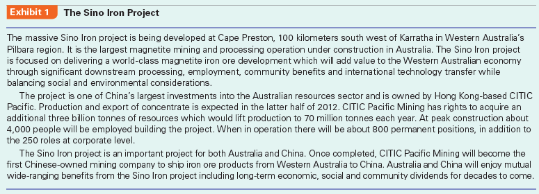Confronting significant liabilities of foreignness, the Sino Iron project in Australia experienced a great deal of delays and cost overruns. What could the management team do to better engage stakeholders in the host country? The Sino Iron Project In January 2010, Hua Dongyi rushed to assume his duty as Chairman of Sino Iron Pty Ltd. (Australia) in Perth, the capital and largest city in Western Australia. The parent company of Sino Iron, China International Trust and Investment Corporation (CITIC), just transferred him from CITIC Construction Co., a subsidiary focused on infrastructural projects in Africa and Asia, to Sino Iron in Australia. The massive Sino Iron project was the largest magnetite mining and processing operation under construction in Australia, and was one of China's largest investments into the Australian resources sector (see Exhibits 1, 2, 3, and 4). Hua had an urgent meeting with his management team. Sino Iron faced tremendous challenges: Spotting the high potential demand for iron ores in China, CITIC had purchased the mining license of Australian magnetite iron ores, and started the project in 2007. After investing A$1.6 billion, the project had suffered significant delays and cost overruns, pushing back the planned date of operation from the first half of 2009 to early 2011, and now even that date was not realistic.2 The challenge for Hua and his team was to push the project forward and launch operations soon. The global price of iron ores changed dramatically. In 2010, negotiations broke down between China Steel Association and the world's three biggest mining companies- BHP Billiton, Rio Tinto, and Vale of Brazil. Some Chinese steel companies had to accept a nearly 100% price increase of iron ore imports from these three mining giants and quarterly price adjustments. After the recent price hike, a correction could be due any time and price could fall drastically later, which would be bad timing for Sino Iron if production was further delayed. Furthermore, magnetite iron ores due to their nature had a 40% higher production cost than other premium resources mainly under the control of BHP Billiton and Rio Tinto, which never allowed joint investment with Chinese companies. This could put Sino Iron in a very disadvantaged position if it found price dropping after its mine started operating. Sino Iron's CEO Barry Fitzgerald was a local guy with 30 years of experience in iron ore operations. While he reported to Hua, he was not responsible for the delay and cost overruns. The main reason was the unexpectedly long time of approval procedures from the government. Delay meant higher labor costs-the cost of prospecting would increase another US$350 million from the original plan of US$3.5 billion. However, Hua did not trust the local managers very well, because they were still leaving work every day on regular time, taking vacations, and expecting the bonus at the end of the year. Sometimes engineers were in the middle of processing concretes and as soon as it was time to go home, they would leave work without worrying whether it would cause problems. When there were problems, they would try to blame each other, and the sense of belonging and loyalty typical in Chinese firms was nowhere to be found here. At the end of 2009, during the wave of acquisitions in Australia by Chinese steel companies, the Australian people's resistance and hostility to Chinese companies increased suddenly. Once, an Australian employee blurted out that after all, this was all the Chinese government's money so why should he care. Hua got upset: Our parent company, CITIC Pacific, is a public company in Hong Kong. The Chinese government is only one of many shareholders, and there are also other investors. I represent all the investors! In order to control the progress of the project, Hua had to have some capable Chinese managers working for him. From the end of 2009 to January 2010, four of his old subordinates from CITIC Construction came to his rescue in Perth. However, Hua and his management team still faced significant challenges in dealing with different stakeholders in Australia (Exhibit 5). Government Relationship In recent years, many Chinese companies began to invest in Australian mines. For example, Yanzhou Coal Enterprise acquired Australia Felix. Sichuan Hanlong invested US$200 million into a Molybdenum mine in Australia. Chongqing Iron Steel Group acquired the Asian Iron and Steel holding company, which was in control of Australian iron ore in Istanbul Xin. China Minmetals Corporation acquired some assets of Australia OZ Minerals for US$1.34 billion. Overall, the Australian government has been open to these acquisitions. Yet it has also been on the alert to the acquirers that mostly have a government background, concerned that these companies may try to reduce taxes to the Australian government through internal transfer pricing, diminish local employment opportunities, and affect the local environment. Thus, the Australian government has tightened regulations. For example, the Australian Foreign Investment Review Board (FIRB) required China Nonferrous Metal Mining Group to reduce its stake during its acquisition of Lynas, which led to the failure of the acquisition. China Alumni Corporation's acquisition of Rio Tinto also failed due to the extended review of FIRB, which led to the opposition of other stakeholders. At the same time, since Australia's premium iron ore resources are mainly under the control of BHP Billiton and Rio Tinto, Chinese companies, as late comers, can only invest in those magnetite iron ores that have a 40% higher production cost. For example, Australia's third largest iron ore producer, FMG, never agreed to joint investment with Chinese companies, thinking it was not worthwhile to give the foreign side shares. But FMG would seek Chinese shares in magnetite iron ore projects. The reason that CITIC and Chongqing Iron Steel Group's acquisitions received the approval from FIRB and that they were able to acquire 100% of the shares was exactly due to the fact that the production cost and risk of magnetite iron ores were too high. Local Australian firms did not want to touch these high-risk projects. Hua Dongyi's interactions with the Australian government were forceful but did not have much effect. In Africa, CITIC can leverage its state ownership background and obtain much support from the local government with a lot of preferential treatment. However, in Australia, the state ownership background of CITIC has not brought any benefits in interactions with the Australian government. On the contrary, state-owned enterprises (SOEs) and their subsidiaries can easily be regarded as agents of foreign governments and may be viewed as threats to national security. On May 2, 2010, the Australian government announced that it would exact a 40% Resource Super Profits Tax (RSPT) on mining firms starting in July 2012, in order to pay for the increasingly higher cost of infrastructure investment and pensions. The new tax encouraged more exploration and mergers and acquisitions (M As) within policy constraints. Sino Iron could gain some competitive advantage over BHP Billiton and Rio Tinto for the resource tax, because the new tax would allow companies to deduct the book value of inventory assets during the first five years of the new tax. Labor and Contractor Relationship The Sino Iron project is located in the northwestern corner of Australia, occupying an area of 25 square kilometers (Exhibit 2). Looking from the airplane, it is an area of flat brown earth with few trees and not many people. The mine is 100 kilometers from the closest town Karratha, and a one-night stay in a motel there is even more expensive than a five-star hotel in Sydney. The only function of the town is to provide a point of transit for the nearby mine workers to go from and back to Perth. A prosperous mining industry led to high demand for labor, and the result is that a mine worker in Western Australia typically has an annual salary of over A$100,000, approximately the level of Australian university professors and twice the average income of Australians. A regular excavator driver can make A$160,000. Even a cleaner in the mining area can make A$80,000. Depending on the type of work, some workers can rest a week out of every three weeks, and some every two weeks. The company pays for their airfare if they go back home during vacation. Furthermore, due to the high demand from China and the start-up of many large resource projects, competition for labor has increased with many mine workers threatening to switch companies if denied a raise. Sino Iron and its engineering contractor China Metallurgical Group used to assume that they could transport a large batch of capable (and low-cost) workers from China and rapidly move the project along. However, worker visas became a serious problem. Despite the lobbying of both the companies and the Chinese government, only several hundred visas were issued. Yet, the Australian government required all workers to pass a certification in English, which almost made it impossible for all the workers ready to come. If our workers can score a 7 in IELTS (International English Language Testing System), they would not be coming here, Hua Dongyi sighed helplessly. Not only did the Chinese mine workers fail to come, the chefs that CITIC found to cater to the Chinese tastes of their managers could not get visas either. We have found three chefs successfully, and none of them can get a visa. Now the Chinese managers could only cook for themselves after work in the apartments that they rented. In order to save labor costs, the project used the world's biggest and most powerful rod mill, the world's largest wheel loader, and the world's largest excavator- with a price tag of US$19 million and a capacity of 1000 tonnes each time. This also promoted the development of China's domestic equipment industry. For example, CITIC Pacific's sister company CITIC Heavy Industries developed a large-scale mining rod mill, which could increase mining abilities by 40% and reduce resource consumption by 20%. Such equipment thus could fully utilize low-grade iron ores and increase the mining efficiency greatly. Community Relations Even though Australia is a developed country, this area is the countryside. In many ways it is not even as good as Africa. This was Hua Dongyi's first impression after arriving at the project site. CITIC Pacific had to invest a great deal in infrastructure. Since the project started in August 2006, billions of dollars have already been invested in the mineral processing plant, pellet plant, slurry pipeline, port facilities, power plant, and desalination plant (see Exhibit 4). One Chinese manager joked, Usually you would feel more accomplished when you construct things and are able to see the effect. But here it seems that even though you have invested hundreds of thousands of dollars, there is still not much difference. What the Chinese manager did not comment on was that these infrastructure investments could not be taken away, so after the end of the 25-year mining period, they would be given to the locals for free. Sino Iron also established a team to deal with historical remains, and did a series of explorations on the project site. In 2009, Sino Iron obtained various permits on land development and utilization. With these permits and proper care of historical remains, Sino Iron was able to enter the whole area on the project site, which enabled the smooth operation of construction. The historical remains team also abided by the obligations as listed in the Indigenous Land Use Agreements and ensured the close relationship between the project and the aboriginals living in the area. Sino Iron also obtained various environmental permits critical to the progress of the project and its future expansion. During the process, the environmental team monitored the underground water, animals in caves, and sea turtles and birds on land. It also audited the environmental performance of its contractor in order to ensure the protection of the natural environment. By March 2010, Hua had obtained all the key government permits and approvals regarding the environment and historical remains, yet he also began to worry about the cost increases they would bring. A twohole bridge, which would cost about 5 million yuan (about A$800,000) in China, ended up costing over A$50 million since it used steel pipe pile to protect the local environment. The cost differences were incredible. Moreover, many other things drove him crazy. For example, during meetings, usually the first two hours would be spent not discussing issues about the project, but rather environmental protection. For example, if a hole was left in the mining area, would it be necessary to build a ladder in case animals fell into the hole and could not climb up? If they built a two-hole bridge near the dock and there were people working under the bridge, would that disturb the ecological environment of crabs near the seawall? All of these certainly increased the project's various costs, and were unforeseen before the investment. It appears that when undertaking overseas investments, Chinese managers need to put different priorities on different issues and stakeholders. Things that are easy to deal with in China are often difficult in other countries, and vice versa. Case Discussion Questions What liabilities of foreignness has CITIC encountered in Australia? How can these be overcome?