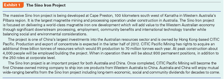 Confronting significant liabilities of foreignness, the Sino Iron project in Australia experienced a great deal of delays and cost overruns. What could the management team do to better engage stakeholders in the host country? The Sino Iron Project In January 2010, Hua Dongyi rushed to assume his duty as Chairman of Sino Iron Pty Ltd. (Australia) in Perth, the capital and largest city in Western Australia. The parent company of Sino Iron, China International Trust and Investment Corporation (CITIC), just transferred him from CITIC Construction Co., a subsidiary focused on infrastructural projects in Africa and Asia, to Sino Iron in Australia. The massive Sino Iron project was the largest magnetite mining and processing operation under construction in Australia, and was one of China's largest investments into the Australian resources sector (see Exhibits 1, 2, 3, and 4). Hua had an urgent meeting with his management team. Sino Iron faced tremendous challenges: Spotting the high potential demand for iron ores in China, CITIC had purchased the mining license of Australian magnetite iron ores, and started the project in 2007. After investing A$1.6 billion, the project had suffered significant delays and cost overruns, pushing back the planned date of operation from the first half of 2009 to early 2011, and now even that date was not realistic.2 The challenge for Hua and his team was to push the project forward and launch operations soon. The global price of iron ores changed dramatically. In 2010, negotiations broke down between China Steel Association and the world's three biggest mining companies- BHP Billiton, Rio Tinto, and Vale of Brazil. Some Chinese steel companies had to accept a nearly 100% price increase of iron ore imports from these three mining giants and quarterly price adjustments. After the recent price hike, a correction could be due any time and price could fall drastically later, which would be bad timing for Sino Iron if production was further delayed. Furthermore, magnetite iron ores due to their nature had a 40% higher production cost than other premium resources mainly under the control of BHP Billiton and Rio Tinto, which never allowed joint investment with Chinese companies. This could put Sino Iron in a very disadvantaged position if it found price dropping after its mine started operating. Sino Iron's CEO Barry Fitzgerald was a local guy with 30 years of experience in iron ore operations. While he reported to Hua, he was not responsible for the delay and cost overruns. The main reason was the unexpectedly long time of approval procedures from the government. Delay meant higher labor costs-the cost of prospecting would increase another US$350 million from the original plan of US$3.5 billion. However, Hua did not trust the local managers very well, because they were still leaving work every day on regular time, taking vacations, and expecting the bonus at the end of the year. Sometimes engineers were in the middle of processing concretes and as soon as it was time to go home, they would leave work without worrying whether it would cause problems. When there were problems, they would try to blame each other, and the sense of belonging and loyalty typical in Chinese firms was nowhere to be found here. At the end of 2009, during the wave of acquisitions in Australia by Chinese steel companies, the Australian people's resistance and hostility to Chinese companies increased suddenly. Once, an Australian employee blurted out that after all, this was all the Chinese government's money so why should he care. Hua got upset: Our parent company, CITIC Pacific, is a public company in Hong Kong. The Chinese government is only one of many shareholders, and there are also other investors. I represent all the investors! In order to control the progress of the project, Hua had to have some capable Chinese managers working for him. From the end of 2009 to January 2010, four of his old subordinates from CITIC Construction came to his rescue in Perth. However, Hua and his management team still faced significant challenges in dealing with different stakeholders in Australia (Exhibit 5). Government Relationship In recent years, many Chinese companies began to invest in Australian mines. For example, Yanzhou Coal Enterprise acquired Australia Felix. Sichuan Hanlong invested US$200 million into a Molybdenum mine in Australia. Chongqing Iron Steel Group acquired the Asian Iron and Steel holding company, which was in control of Australian iron ore in Istanbul Xin. China Minmetals Corporation acquired some assets of Australia OZ Minerals for US$1.34 billion. Overall, the Australian government has been open to these acquisitions. Yet it has also been on the alert to the acquirers that mostly have a government background, concerned that these companies may try to reduce taxes to the Australian government through internal transfer pricing, diminish local employment opportunities, and affect the local environment. Thus, the Australian government has tightened regulations. For example, the Australian Foreign Investment Review Board (FIRB) required China Nonferrous Metal Mining Group to reduce its stake during its acquisition of Lynas, which led to the failure of the acquisition. China Alumni Corporation's acquisition of Rio Tinto also failed due to the extended review of FIRB, which led to the opposition of other stakeholders. At the same time, since Australia's premium iron ore resources are mainly under the control of BHP Billiton and Rio Tinto, Chinese companies, as late comers, can only invest in those magnetite iron ores that have a 40% higher production cost. For example, Australia's third largest iron ore producer, FMG, never agreed to joint investment with Chinese companies, thinking it was not worthwhile to give the foreign side shares. But FMG would seek Chinese shares in magnetite iron ore projects. The reason that CITIC and Chongqing Iron Steel Group's acquisitions received the approval from FIRB and that they were able to acquire 100% of the shares was exactly due to the fact that the production cost and risk of magnetite iron ores were too high. Local Australian firms did not want to touch these high-risk projects. Hua Dongyi's interactions with the Australian government were forceful but did not have much effect. In Africa, CITIC can leverage its state ownership background and obtain much support from the local government with a lot of preferential treatment. However, in Australia, the state ownership background of CITIC has not brought any benefits in interactions with the Australian government. On the contrary, state-owned enterprises (SOEs) and their subsidiaries can easily be regarded as agents of foreign governments and may be viewed as threats to national security. On May 2, 2010, the Australian government announced that it would exact a 40% Resource Super Profits Tax (RSPT) on mining firms starting in July 2012, in order to pay for the increasingly higher cost of infrastructure investment and pensions. The new tax encouraged more exploration and mergers and acquisitions (M As) within policy constraints. Sino Iron could gain some competitive advantage over BHP Billiton and Rio Tinto for the resource tax, because the new tax would allow companies to deduct the book value of inventory assets during the first five years of the new tax. Labor and Contractor Relationship The Sino Iron project is located in the northwestern corner of Australia, occupying an area of 25 square kilometers (Exhibit 2). Looking from the airplane, it is an area of flat brown earth with few trees and not many people. The mine is 100 kilometers from the closest town Karratha, and a one-night stay in a motel there is even more expensive than a five-star hotel in Sydney. The only function of the town is to provide a point of transit for the nearby mine workers to go from and back to Perth. A prosperous mining industry led to high demand for labor, and the result is that a mine worker in Western Australia typically has an annual salary of over A$100,000, approximately the level of Australian university professors and twice the average income of Australians. A regular excavator driver can make A$160,000. Even a cleaner in the mining area can make A$80,000. Depending on the type of work, some workers can rest a week out of every three weeks, and some every two weeks. The company pays for their airfare if they go back home during vacation. Furthermore, due to the high demand from China and the start-up of many large resource projects, competition for labor has increased with many mine workers threatening to switch companies if denied a raise. Sino Iron and its engineering contractor China Metallurgical Group used to assume that they could transport a large batch of capable (and low-cost) workers from China and rapidly move the project along. However, worker visas became a serious problem. Despite the lobbying of both the companies and the Chinese government, only several hundred visas were issued. Yet, the Australian government required all workers to pass a certification in English, which almost made it impossible for all the workers ready to come. If our workers can score a 7 in IELTS (International English Language Testing System), they would not be coming here, Hua Dongyi sighed helplessly. Not only did the Chinese mine workers fail to come, the chefs that CITIC found to cater to the Chinese tastes of their managers could not get visas either. We have found three chefs successfully, and none of them can get a visa. Now the Chinese managers could only cook for themselves after work in the apartments that they rented. In order to save labor costs, the project used the world's biggest and most powerful rod mill, the world's largest wheel loader, and the world's largest excavator- with a price tag of US$19 million and a capacity of 1000 tonnes each time. This also promoted the development of China's domestic equipment industry. For example, CITIC Pacific's sister company CITIC Heavy Industries developed a large-scale mining rod mill, which could increase mining abilities by 40% and reduce resource consumption by 20%. Such equipment thus could fully utilize low-grade iron ores and increase the mining efficiency greatly. Community Relations Even though Australia is a developed country, this area is the countryside. In many ways it is not even as good as Africa. This was Hua Dongyi's first impression after arriving at the project site. CITIC Pacific had to invest a great deal in infrastructure. Since the project started in August 2006, billions of dollars have already been invested in the mineral processing plant, pellet plant, slurry pipeline, port facilities, power plant, and desalination plant (see Exhibit 4). One Chinese manager joked, Usually you would feel more accomplished when you construct things and are able to see the effect. But here it seems that even though you have invested hundreds of thousands of dollars, there is still not much difference. What the Chinese manager did not comment on was that these infrastructure investments could not be taken away, so after the end of the 25-year mining period, they would be given to the locals for free. Sino Iron also established a team to deal with historical remains, and did a series of explorations on the project site. In 2009, Sino Iron obtained various permits on land development and utilization. With these permits and proper care of historical remains, Sino Iron was able to enter the whole area on the project site, which enabled the smooth operation of construction. The historical remains team also abided by the obligations as listed in the Indigenous Land Use Agreements and ensured the close relationship between the project and the aboriginals living in the area. Sino Iron also obtained various environmental permits critical to the progress of the project and its future expansion. During the process, the environmental team monitored the underground water, animals in caves, and sea turtles and birds on land. It also audited the environmental performance of its contractor in order to ensure the protection of the natural environment. By March 2010, Hua had obtained all the key government permits and approvals regarding the environment and historical remains, yet he also began to worry about the cost increases they would bring. A twohole bridge, which would cost about 5 million yuan (about A$800,000) in China, ended up costing over A$50 million since it used steel pipe pile to protect the local environment. The cost differences were incredible. Moreover, many other things drove him crazy. For example, during meetings, usually the first two hours would be spent not discussing issues about the project, but rather environmental protection. For example, if a hole was left in the mining area, would it be necessary to build a ladder in case animals fell into the hole and could not climb up? If they built a two-hole bridge near the dock and there were people working under the bridge, would that disturb the ecological environment of crabs near the seawall? All of these certainly increased the project's various costs, and were unforeseen before the investment. It appears that when undertaking overseas investments, Chinese managers need to put different priorities on different issues and stakeholders. Things that are easy to deal with in China are often difficult in other countries, and vice versa. Case Discussion Questions Who are the stakeholders in the Sino Iron project? How can the Chinese company best engage them?
