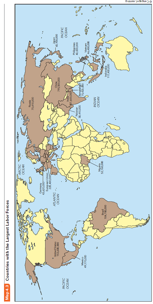Regarding the two countries with the largest labor force shown on PengAtlas Map 4.3, what advantage does the large size provide? What is the disadvantage?