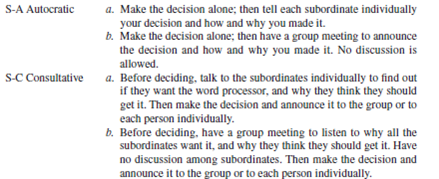 Objectives: To experience leadership in action. To identify the leadership style, and how using the appropriate versus inappropriate leadership style affects the organization. AACSB: The primary AACSB learning standard skills developed through this exercise are analytic and leadership skills. Preparation: All necessary material is below; no preparation is necessary. Break into groups and select the style (autocratic, consultative, participative, or laissezfaire) your group would use to make the following decision: You are an office manager with four subordinates who all do typing on outdated computers. You will be receiving a new computer to replace one of the outdated ones. ( Everyone knows about it because several salespeople have been in the office.) You must decide who gets the new computer. Below is some information about each subordinate. • Pat-He or she has been with the organization for 20 years, is 50 years old, and presently has a two-year-old computer. • Chris-He or she has been with the organization for 10 years, is 31 years old, and presently has a one-year-old computer. • Fran-He or she has been with the organization for five years, is 40 years old, and presently has a three-year-old computer. • Sandy-He or she has been with the organization for two years, is 23 years old, and presently has a five-year-old computer. Instructor selects one option: Option A: Continuum of Leadership Behavior Styles 1 through 7. See Exhibit 8.4 for definitions of these seven styles. Option B: Situational Supervisory Styles 1. Four volunteers from different groups go to the front of the class. Take out a sheet of 8 1?2 -by-11-inch paper and write the name of the person you are role-playing (in big, dark letters), fold it in half, and place it in view of the manager and class. While the managers are planning, turn to the end of this exercise and read your role and the roles of your colleagues. Try to put yourself in the person's position, and do and say what he or she actually would during the role play. No one but the typist should read this additional subordinate role information. 2. The instructor will tell each group which leadership style their manager will role-play; it may or may not be the one selected. 3. The group selects a manager to do the actual role play of making the decision; and the group plans who, what, when, where, how. The manager will perform the role play. No one should read the additional subordinate role information. One manager goes to the front of the class and conducts the leadership role play. The class members (other than the group being represented) vote for the style (1 to 7 or Tell a. b.; Sell a. b.; Participate a. b.; Delegate a.) they think the manager portrayed. Then the manager reveals the style. If several class members didn't vote for the style portrayed, a discussion can take place. Repeat procedures 3 and 4 until all managers have their turn or the time runs out. The class members individually determine the style they would use when making the decision. The class votes for the style the class would use in this situation. The instructor gives his or her recommendation and/or the author's. Conclusion: The instructor leads a class discussion and/or makes concluding remarks. Application (2-4 minutes): What did I learn from this experience? How will I apply this knowledge in the future? Sharing: Volunteers give their answers to the application section.