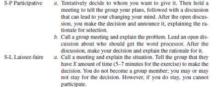 Objectives: To experience leadership in action. To identify the leadership style, and how using the appropriate versus inappropriate leadership style affects the organization. AACSB: The primary AACSB learning standard skills developed through this exercise are analytic and leadership skills. Preparation: All necessary material is below; no preparation is necessary. Break into groups and select the style (autocratic, consultative, participative, or laissezfaire) your group would use to make the following decision: You are an office manager with four subordinates who all do typing on outdated computers. You will be receiving a new computer to replace one of the outdated ones. ( Everyone knows about it because several salespeople have been in the office.) You must decide who gets the new computer. Below is some information about each subordinate. • Pat-He or she has been with the organization for 20 years, is 50 years old, and presently has a two-year-old computer. • Chris-He or she has been with the organization for 10 years, is 31 years old, and presently has a one-year-old computer. • Fran-He or she has been with the organization for five years, is 40 years old, and presently has a three-year-old computer. • Sandy-He or she has been with the organization for two years, is 23 years old, and presently has a five-year-old computer. Instructor selects one option: Option A: Continuum of Leadership Behavior Styles 1 through 7. See Exhibit 8.4 for definitions of these seven styles. Option B: Situational Supervisory Styles 1. Four volunteers from different groups go to the front of the class. Take out a sheet of 8 1?2 -by-11-inch paper and write the name of the person you are role-playing (in big, dark letters), fold it in half, and place it in view of the manager and class. While the managers are planning, turn to the end of this exercise and read your role and the roles of your colleagues. Try to put yourself in the person's position, and do and say what he or she actually would during the role play. No one but the typist should read this additional subordinate role information. 2. The instructor will tell each group which leadership style their manager will role-play; it may or may not be the one selected. 3. The group selects a manager to do the actual role play of making the decision; and the group plans who, what, when, where, how. The manager will perform the role play. No one should read the additional subordinate role information. One manager goes to the front of the class and conducts the leadership role play. The class members (other than the group being represented) vote for the style (1 to 7 or Tell a. b.; Sell a. b.; Participate a. b.; Delegate a.) they think the manager portrayed. Then the manager reveals the style. If several class members didn't vote for the style portrayed, a discussion can take place. Repeat procedures 3 and 4 until all managers have their turn or the time runs out. The class members individually determine the style they would use when making the decision. The class votes for the style the class would use in this situation. The instructor gives his or her recommendation and/or the author's. Conclusion: The instructor leads a class discussion and/or makes concluding remarks. Application (2-4 minutes): What did I learn from this experience? How will I apply this knowledge in the future? Sharing: Volunteers give their answers to the application section.