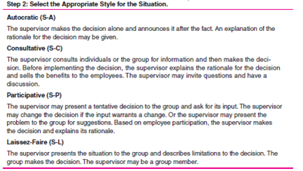 In this exercise, you will learn how to use the situational decision-making model. You will realize that it is similar to the normative leadership model, but it has only one model and fewer questions. Chapter 8 discussed the situational supervision model. Chapter 6 provided a situational communication model to use when communicating. Now you will learn a similar model to use when deciding which supervisory style to use when solving problems and making decisions. Selecting the appropriate situational supervisory style when solving problems and making decisions includes two steps: step (1) diagnose the situation, and step (2) select the appropriate style. Step 1: Diagnose the Situation The first step is to diagnose the situational variables, which include time, information, acceptance, and employee capability level. See Exhibit 13.7 for a list of variables. EXHIBIT 13.7 Variables Influencing Participation Time The manager must determine if there is enough time to include the group in decision making. If there is not enough time, managers should use the autocratic style, regardless of their preferred style. In this case the manager should also ignore the other three variables; they are irrelevant if there is no time. If time permits, the manager considers the other three variables and selects the problem-solving and decision-making styles without considering time. When time is short, the manager may use the consultative style, but not the participative or laissez-faire styles. Time, however, is a relative term. In one situation, a few minutes may be considered a short time period, while in another, a month may be a short period of time. Information Does the manager have enough information to make a quality decision alone? If the manager has all the necessary information, there is no need to use participation. The autocratic style may be appropriate. When the manager has some information but needs more, the consultative style may be appropriate. However, if the manager has little information, the appropriate style may be participative or laissez-faire. Acceptance The manager must decide if the group's acceptance of the decision is critical to its implementation. If the manager makes the decision alone, will the group implement it? If so, the appropriate style may be autocratic. If the group will be reluctant, the appropriate style may be consultative or participative. If the group will probably not implement the decision unless consulted in advance, the participative or laissez-faire style may be appropriate. Employee Capability The manager must decide if the group has the ability and willingness to be involved in problem solving and decision making. Does the group have the experience and information needed to be involved in problem solving and decision making? Will the group put the organization's or the department's goals ahead of personal goals? Does the group want to be involved in problem solving and decision making? Employees are more willing to participate when the decisions affect them personally. If the group's level of capability is low, an autocratic style may be appropriate. When a group's capability is moderate, a consultative style may be appropriate. If the group's capability level is high, a participative style may be appropriate. If the group's level of capability is outstanding, the laissez-faire style may be appropriate. Remember that a group's capability level can change from situation to situation. The top half of Exhibit 13.8 summarizes step 1. Step 2: Select the Appropriate Supervisory Style for the Situation After considering the four variables, a manager uses the analysis to select the appropriate style for the situations at hand. In some situations, all variables suggest the same possible style, while other cases indicate conflicting styles. For example, the manager may have time to use any style and may have all the information necessary (autocratic); employees may be reluctant (consultative or participative); and the capability may be moderate (consultative). In situations where conflicting styles are indicated for different variables, the manager must determine which variable should be given more weight. In the above example, assume it was determined that acceptance was critical for successful implementation of the decision. Acceptance takes precedence over information. Realizing that employees have a moderate capability, the consultative style would be appropriate. See the bottom half of Exhibit 13.8 for an explanation of how the decision is made using each of the four situational supervisory styles. EXHIBIT 13.8 Situational Decision Making Applying the Situational Decision - Making Model We will apply the model to the following situation: Ben, a supervisor, can give one of his employees a merit pay raise. He has a week to make the decision. Ben knows how well each employee performed over the past year. The employees really have no option but to accept getting or not getting the pay raise, but they can complain to upper management about the selection. The employees' capability levels vary, but as a group, they have a high capability level under normal circumstances. Step 1: Diagnose the Situation. ____ time ____ information ____ acceptance ____ capability Ben, the supervisor, has plenty of time to use any level of participation. He has all the information needed to make the decision (autocratic). Employees have no choice but to accept the decision (autocratic). And the group's level of capability is normally high ( participative). Step 2: Select the Appropriate Style for the Situation. There are conflicting styles to choose from (autocratic and participative): ____ yes time ____ S-A information ____ S-A acceptance ____ S-P capability The variable that should be given precedence is information. The employees are normally capable, but in a situation like this, they may not be capable of putting the department's goals ahead of their own. In other words, even if employees know which employee deserves the raise, they may each fight for it anyway. Such a conflict could cause future problems. Some of the possible ways to make the decision are as follows: • Autocratic (S-A). The supervisor would select the person for the raise without discussing it with any employees. Ben would simply announce the decision and explain the rationale for the selection, after submitting it to the payroll department. • Consultative (S-C). The supervisor would consult the employees as to who should get the raise. Ben would then decide who would get the raise. He would announce the decision and explain the rationale for it. The supervisor may invite questions and discussion. • Participative (S-P). The supervisor could tentatively select an employee to get the raise, but be open to change if an employee or group convinces him that someone else should get the raise. Or Ben could explain the situation to the group and lead a discussion of who should get the raise. After considering their input, Ben would make the decision and explain the rationale for it. • Laissez-faire (S-L). The supervisor would explain the situation and allow the group to decide who gets the raise. Ben may be a group member. Notice that this is the only style that allows the group to make the decision. Selection The autocratic style is appropriate for this situation because Ben has all the information needed, acceptance is not an issue, and capability is questionable. Below are 10 situations calling for a decision. Select the appropriate problem-solving and decision-making style. Be sure to use Exhibit 13.8, p. 488, when determining the style to use. On the time, information, acceptance, and capability lines, place S-A, S-C, S-P, or S-L, as indicated by the situation. Based on your diagnoses, select the one style you would use. Note that style on the line preceding the situation. 1. You have developed a new work procedure that will increase productivity. Your boss likes the idea and wants you to try it within a few weeks. You view your employees as fairly capable and believe that they will be receptive to the change. _____ time _____ information _____ acceptance _____ capability 2. The industry of your product has new competition. Your organization's revenues have been dropping. You have been told to lay off 3 of your 10 employees in two weeks. You have been the supervisor for over one year. Normally, your employees are very capable. _____ time _____ information _____ acceptance _____ capability 3. Your department has been facing a problem for several months. Many solutions have been tried, but all have failed. You have finally thought of a solution, but you are not sure of the possible consequences of the change required or of acceptance by the highly capable employees. _____ time _____ information _____ acceptance _____ capability 4. Flextime has become popular in your organization. Some departments let each employee start and end work when he or she chooses. However, because of the cooperative effort of your employees, they must all work the same eight hours. You are not sure of the level of interest in changing the hours. Your employees are a very capable group and like to make decisions. _____ time _____ information _____ acceptance _____ capability 5. The technology in your industry is changing so fast that the members of your organization cannot keep up. Top management hired a consultant who has made recommendations. You have two weeks to decide what to do. Your employees are normally capable, and they enjoy participating in the decision-making process. _____ time _____ information _____ acceptance _____ capability 6. A change has been handed down from top management. How you implement it is your decision. The change takes effect in one month. It will personally affect everyone in your department. Their acceptance is critical to the success of the change. Your employees are usually not too interested in being involved in making decisions. _____ time _____ information _____ acceptance _____ capability 7. Your boss called you on the telephone to tell you that someone has requested an order for your department's product with a very short delivery date. She asked you to call her back in 15 minutes with the decision about taking the order. Looking over the work schedule, you realize that it will be very difficult to deliver the order on time. Your employees will have to push hard to make it. They are cooperative, capable, and enjoy being involved in decision making. _____ time _____ information _____ acceptance _____ capability 8. Top management has decided to make a change that will affect all your employees. You know the employees will be upset because it will cause them hardship. One or two may even quit. The change goes into effect in 30 days. Your employees are very capable. _____ time _____ information _____ acceptance _____ capability 9. You believe that productivity in your department could be increased. You have thought of some ways that may work, but you are not sure of them. Your employees are very experienced; almost all of them have been in the department longer than you have. _____ time _____ information _____ acceptance _____ capability 10. A customer has offered you a contract for your product with a quick delivery date. The offer is open for two days. Meeting the contract deadline would require employees to work nights and weekends for six weeks. You cannot require them to work overtime. Filling this profit table contract could help get you the raise you want and feel you deserve. However, if you take the contract and don't deliver on time, it will hurt your chances of getting a big raise. Your employees are very capable. _____ time _____ information _____ acceptance _____ capability Objective: To develop your situational supervisory problem-solving and decision-making skills. AACSB: The primary AACSB learning standard skills developed through this exercise are leadership and analytic skills. Preparation: You should have completed the 10 situations from the preparation. Experience: You will try to select the recommended problem-solving and decisionmaking style in the 10 preparation situations. The instructor reviews Exhibit 13.8 and explains how to use it for selecting the appropriate supervisory style for situation 1 of the exercise preparation. Break into teams of two or three. Apply the model to situations 2 through 5 as a team. You may change your original answers. It may be helpful to tear the model out of the book so you don't have to keep flipping pages. The instructor goes over the recommended answers and scoring for situations 2 through 5. Do not continue on to situation 6 until after the instructor goes over the answers to situations 2 through 5. In the same teams, select problem-solving and decision-making styles for situations 6 through 10. The instructor will go over the recommended answers and scoring. Conclusion: The instructor may lead a class discussion and/or make concluding remarks. Application (2-4 minutes): What did I learn from this experience? How will I use this knowledge in the future? Sharing: Volunteers give their answers to the application section.
