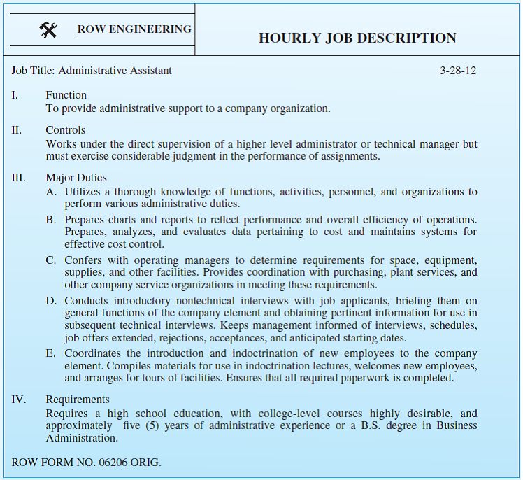 Objective The exercise is designed to have the student use knowledge about selection and performance appraisal to design an appraisal system. Introduction Row Engineering (name disguised) is a major engineering contractor, supplying aerospace firms, NASA, and the military with sophisticated equipment designs. Because of their rapidly expanding business, Row executives have decided that a formal management information system (MIS) is needed. The MIS may be used to monitor progress on projects, limit employees' access to classified information, reduce unnecessary duplication across similar projects, and generally increase efficiency by ensuring that the proper managers and engineers receive timely and relevant information for decision making. Row has four major design facilities scattered throughout the southern and eastern United States in areas where approximately 50 percent of all high school graduates are black. Engineers at the different facilities typically work on different projects. Thus, Row executives have decided that one MIS department should be established for each of the four facilities. While these will be linked by computer, each MIS department will have a great deal of autonomy. Each MIS department will be made up of one administrator, seven administrative assistants, numerous technical personnel (for example, computer programmers), and clerical staff (for example, data entry personnel). The 28 administrative assistant positions will be key entry-level managerial positions. The administrative assistants will be responsible for securing and maintaining information for their assigned MIS area. Also, some may eventually be promoted to middle management positions in the future. Typical duties of an administrative assistant will include A. Determining appropriate information needs from various projects for the MIS database. To do so requires cooperation with project engineers and managers as well as personnel from other departments. B. Working with other MIS administrative assistants to develop standardized information reporting procedures. Such procedures facilitate the aggregation and comparison of specific types of information from different projects. C. Creating and distributing instruction manuals outlining correct procedures for acquiring and reporting information for various departments. Sometimes administrative assistants will provide orientation sessions for company personnel. D. Ensuring that necessary and timely information is supplied by each project or department, using standardized reporting procedures. E. Supervising technical and clerical staff who are responsible for data input and retrieval. F. Supervising technical staff who develop and purchase information software. G. Maintaining project security by documenting computer analyses, ensuring that only authorized personnel receive relevant information, supervising clerical staff, and preventing unauthorized photocopying of specific types of information. H. Supplying information, as requested, to project managers, specific departments, and contract monitors. I. Documenting and supplying information to the fiscal services department regarding monthly time and computer-use expenditures for various projects. Fiscal services uses this information when comparing actual and estimated (budgeted) expenditures for projects and departments. Determining the MIS department's own budget needs. J. About one year ago, the HR department conducted a formal job analysis of all existing administrative assistant positions throughout the corporation. From this analysis, a common job description was derived. This job description is reproduced above. Designing the Performance Appraisal System Currently, all Row Engineering employees, including administrative assistants, are evaluated using a one-item 10-point global rating scale. Ratings of either Unsatisfactory (1) or Superior (10) must be accompanied with written documentation. In addition to the rating supervisor, the department head and the evaluated employee must sign the form, indicating that they have read the evaluation. Recently, the HR manager has become concerned about the use of this type of rating scale. He has hired your human resource consulting firm to design a better performance appraisal system for the administrative assistant position with all the MIS departments. Assignment: Write a three- to six-page report of this company describing and explaining your appraisal system. Your report should incorporate the following points: A. Tactful explanation of the limitations of the present performance appraisal system. B. Identification of the relevant dimensions (criteria) that should be measured in the new performance appraisal system. That is, how will the company distinguish the superior administrative assistants from those whose performance is merely adequate (or even inadequate) Assume that the provided job description is correct. C. How will each dimension be measured D. If you use some type of overall measure of performance, tell how you will measure it on a 100-point scale (100 = best). If you have several performance measures, tell how they will be combined into a composite criterion score. This composite score should be measured on a 100-point scale. E. What weaknesses (if any) exist in your system How will these be overcome A Learning Note This exercise encourages the student to consider the uses, strengths, and weaknesses of a performance appraisal system.