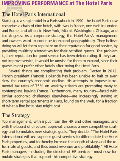 Draw a more simplified and abbreviated strategy map for the Hotel Paris. Specifically, summarize in your own words an example of the hierarchy of links among the hotel's HR practices , necessary workforce competencies and behaviors, and required organizational outcomes.