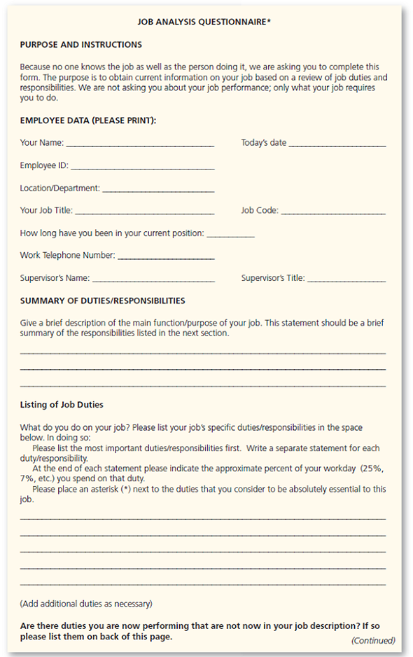 Each group should do a job analysis of the instructor's job: Half of the groups will use the Figure 1 job analysis questionnaire for this purpose, and half will use the Figure 2 job description questionnaire. Figure 1 Job Analysis Questionnaire for Developing Job Descriptions Figure 2 Simple Job Description Questionnaire