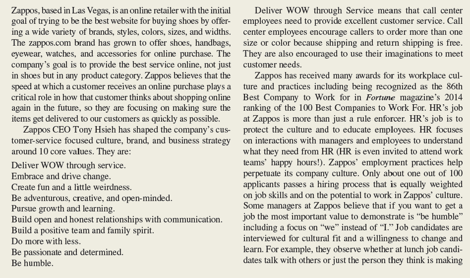 Zappos Faces Competitive Challenges Which of Zappos' 10 core values do you believe that human resource practices can influence the most The least Why For each of the core values, identify the HR practices that are related to it. Explain how each of the HR practice(s) you identified is related to the core values.