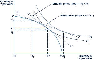 'An increase in demand will raise a good's price and a fall in demand will lower it. That is all you need to know-general equilibrium analysis is largely unnecessary.'' Do you agree? How would you use Figure to show how changes in demand affect price? Would using this figure tell you more than would using a simple supply-demand diagram? With an arbitrary initial price ratio, firms will produce X1, Y1; the economy's budget constraint will be given by line CC. With this budget constraint, individuals demand X01 , Y1, that is, there is an excess demand for good X (X01_ X1) and an excess supply of good Y (Y1 _ Y01 ). The workings of the market will move these prices toward their equilibrium levels P_X ,P_Y. At those prices, society's budget constraint will be given by the line C*C*, and supply and demand will be in equilibrium. The combination X*, Y* of goods will be chosen, and this allocation is efficient.