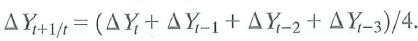 On the textbook Web site Mww.pearsonhighered.coni/stock_watson, you will find a data file USMacro_Quarterly that contains quarterly data on several macroeconomic series for the United States; the data are described in the file USMacro_Description. Compute Y t = ln( GDP t ; ) , the logarithm of real GDP, and Y t the quarterly growth rate of GDP. In Empirical Exercises 14.1 through 14.6, use the sample period 1955:1-2009:4 (where data before 1955 may be used, as necessary, as initial values for lags in regressions). a. Construct pseudo out-of-sample forecasts using the AR(1) model beginning in 1989:4 and going through the end of the sample. (That is, compute 1990:1|1989:4, 1990:2|1990:1) and so forth.) b. Construct pseudo out-of-sample forecasts using the ADL(1,4) model. c. Construct pseudo out-of-sample using the following naive model: d. Compute the pseudo out-of-sample forecast errors for each model. Are any of the forecasts biased Which model has the smallest root mean squared forecast error (RMSFE) How large is the RMSFE (expressed in percentage points at an annual rate) for the best model