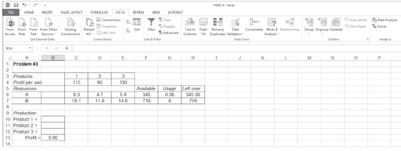Given the following Excel spreadsheet for a linear programming model and Solver Parameters window, indicate the formula for cell B13 and fill in the Solver Parameters window with the appropriate information to solve the problem: