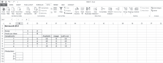 The following model was solved graphically in Chapter (Problem): Given the following Excel spreadsheet for this model, indicate the formulas in cells F6, F7, F8, F9, G6, G7, G8, G9, and B14, and fill in the Solver Parameters window with the necessary information to solve the model. Solve the model using Excel. Problem Solve the following linear programming model graphically: