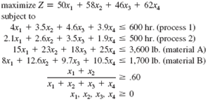 The following linear programming model formulation is used for the production of four different products, with two different manufacturing processes and two different material requirements: a. Solve this problem by using the computer. b. Identify the sensitivity ranges for the objective function coefficients and the constraint quantity values. c. Which is the most valuable resource to the firm d. One of the four products is not produced in the optimal solution. How much would the profit for this product have to be for it to be produced