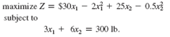The Evergreen Fertilizer Company produces two types of fertilizers, Fastgro and Super Two. The company has developed the following nonlinear programming model to determine the optimal number of bags of Fastgro ( x 1 ) and Super Two ( x 2 ) that it must produce each day to maximize profit, given a constraint for available potassium:     Determine the optimal solution to this nonlinear programming model.