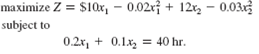 The Rolling Creek Textile Mill produces denim and brushed cotton cloth. The company has developed the following nonlinear programming model to determine the optimal number of yards of denim ( x 1 ) and brushed cotton ( x 2 ) to produce each day in order to maximize profit, subject to a labor constraint: Determine the optimal solution to this nonlinear programming model.