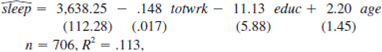 In Problem 3.3, we estimated the equation where we now report standard errors along with the estimates. (i) Is either educ or age individually significant at the 5% level against a two-sided alternative Show your work. (ii) Dropping educ and age from the equation gives Are educ and age jointly significant in the original equation at the 5% level Justify your answer. (iii) Does including educ and age in the model greatly affect the estimated tradeoff between sleeping and working (iv) Suppose that the sleep equation contains heteroskedasticity. What does this mean about the tests computed in parts (i) and (ii)